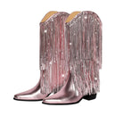 MISSHEEL RHINESTONE MID-CALF FRINGE COWBOY BOOTS - SIZE: WOMEN 9.5 - PINK - Like New
