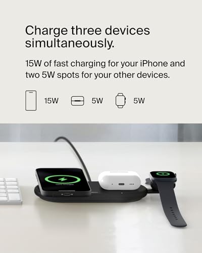 BELKIN 3-IN-1 MAGSAFE-COMPATIBLE WIRELESS CHARGING PAD QI2 15W - BLACK - Like New
