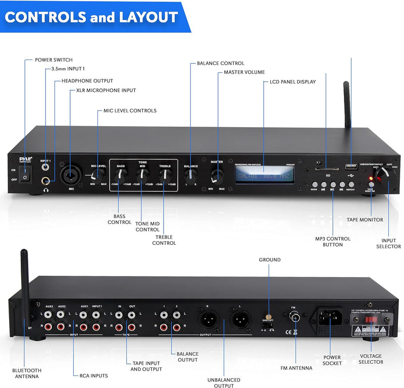 Pyle Rack Mount Studio Pre-Amplifier - Audio Receiver System PPRE70BT - BLACK Like New