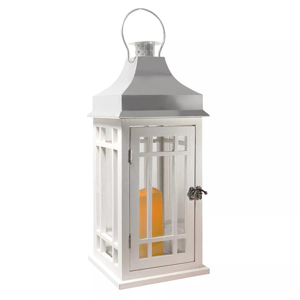 LUMABASE WOODEN LANTERN BATTERY-OPERATED CANDLE - WHITE WITH CHROME ROOF - Like New