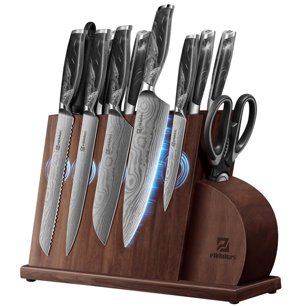Piklohas 14 Pieces Kitchen Knife Set Magnetic Block Razor Sharp - Black/Cloud - Like New