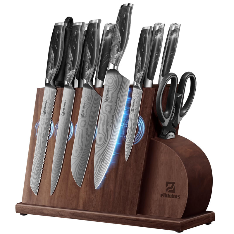 Piklohas 14 Pieces Kitchen Knife Set Magnetic Block Razor Sharp - Black/Cloud - Like New