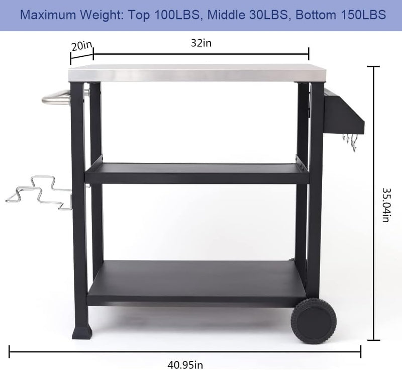 NUUK THREE SHELF MOVABLE OUTDOOR DINING CART TABLE 20" X 32" NSF - BLACK - Like New