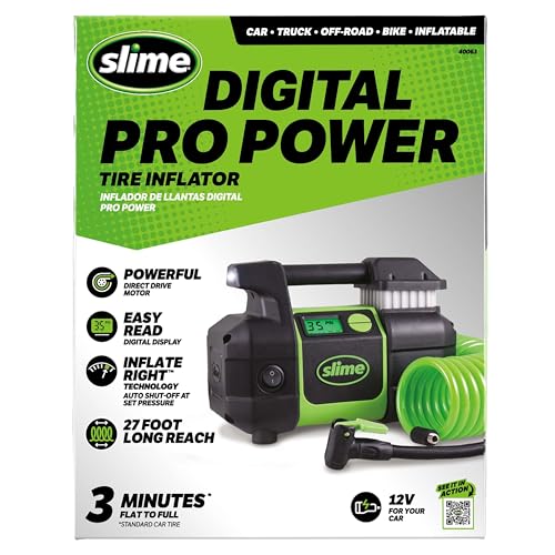 SLIME 40063 TIRE INFLATOR, PORTABLE CAR, SUV, 4X4 AIR COMPRESSOR, 99 PSI - GREEN - Like New