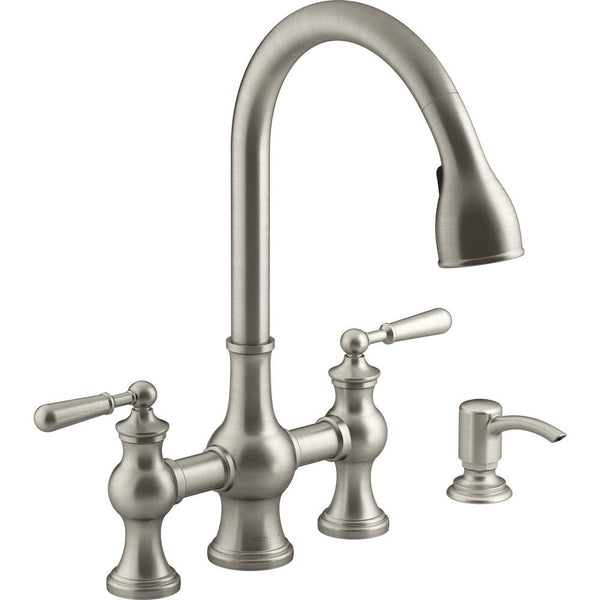 KOHLER CAPILANO 2-HANDLE BRIDGE FAUCET WITH SOAP DISPENSER - SILVER - Like New