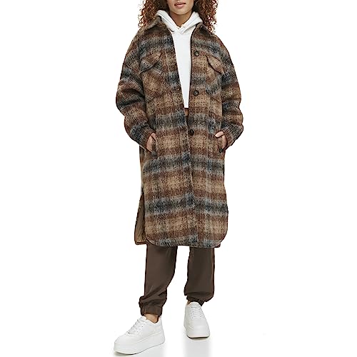 LEVI'S WOMEN LONG PLAID FLANNEL SHIRT JACKET BROWN PLAID SIZE S - Brand New