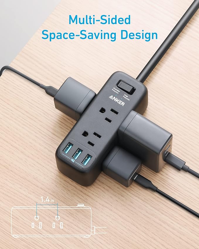 Anker USB Power Strip Surge Protector300J 5ft Extension Cord Flat Plug - Black - Like New