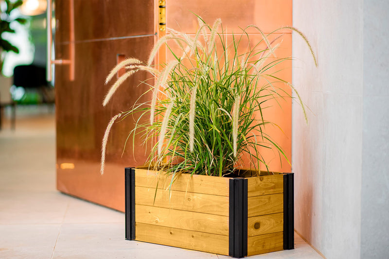 VITA MEZZA 24" X12" CEDAR PLANTER BLACK ALUMINUM POSTS WOODGRAIN - BROWN/BLACK - Like New