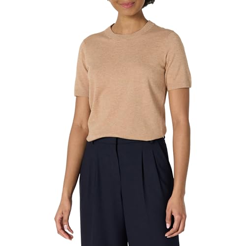AMAZON ESSENTIALS WOMEN'S REGULAR-FIT SHORT SLEEVE PULLOVER SWEATER, M, CAMEL - Brand New