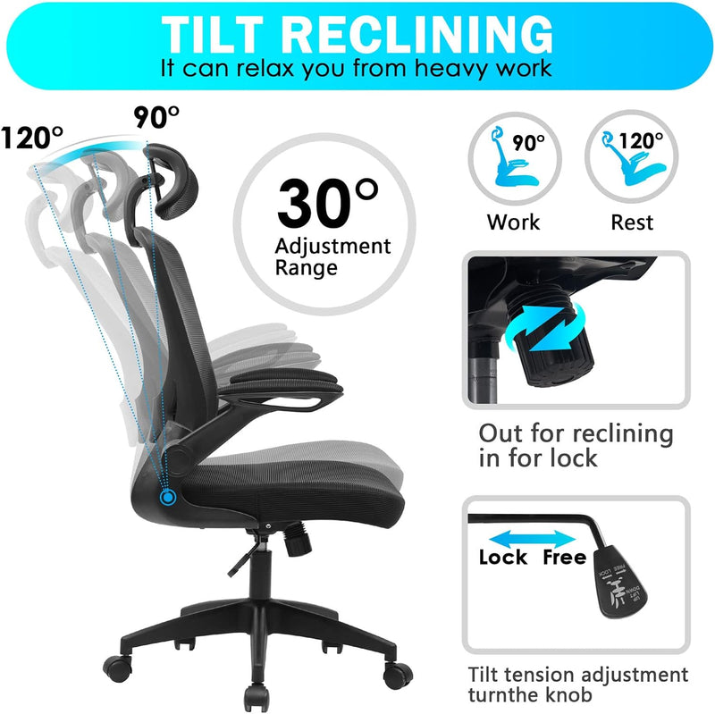 KERDOM Ergonomic Office Chair with Headrest and Flip-up Arms - Black - Like New