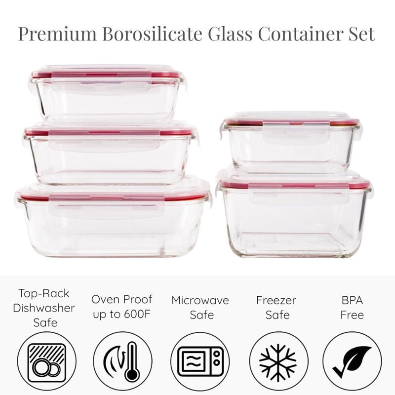 LEXI HOME 10-PIECE PREMIUM GLASS FOOD STORAGE CONTAINER SET WITH RED LOCKING LID - Like New