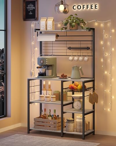 VASAGLE BAKERS RACK WITH MAGNETIC KNIFE HOLDER, WIRE BASKET - GREIGE/BLACK - Like New