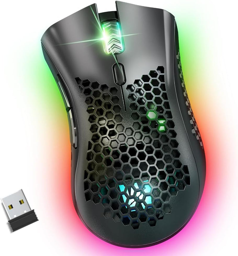 WolfLawS KM-1 Wireless Gaming Mouse, USB Wireless with Honeycomb Shell - Black Like New