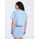 FREE ASSEMBLY CROPPED DENIM JACKET SHORT SLEEVES SIZE: L - ULTRA LIGHT BLUE WASH - Brand New