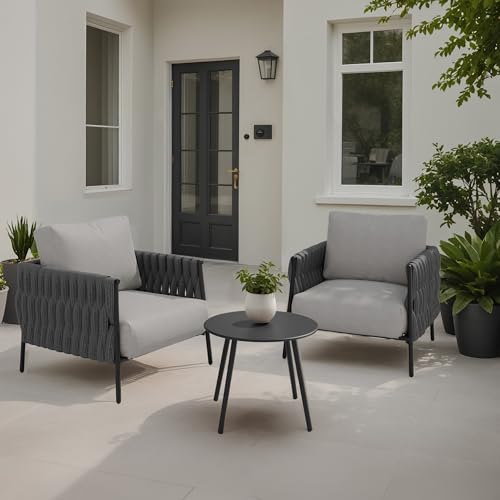 EAST OAK MODERN 3 PIECES PATIO CONVERSATION ARMCHAIRS COFFEE TABLE - BLACK&GRAY - Like New