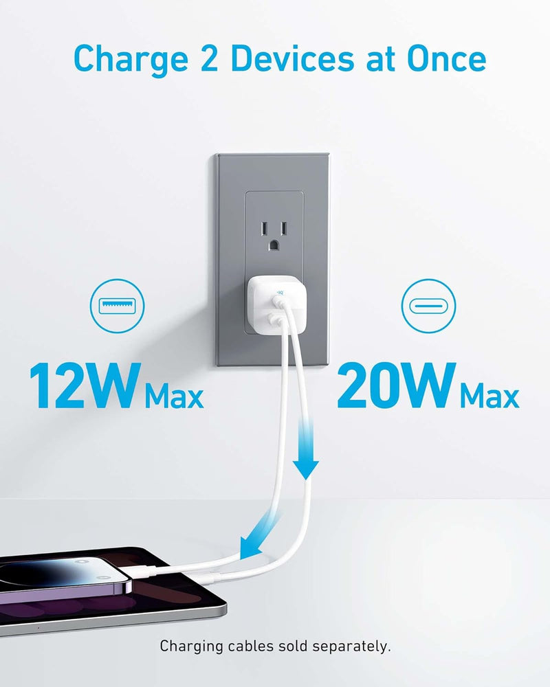 ANKER 323 USB C Charger 33W, 2 Port Compact Charger with Foldable Plug - White - Like New