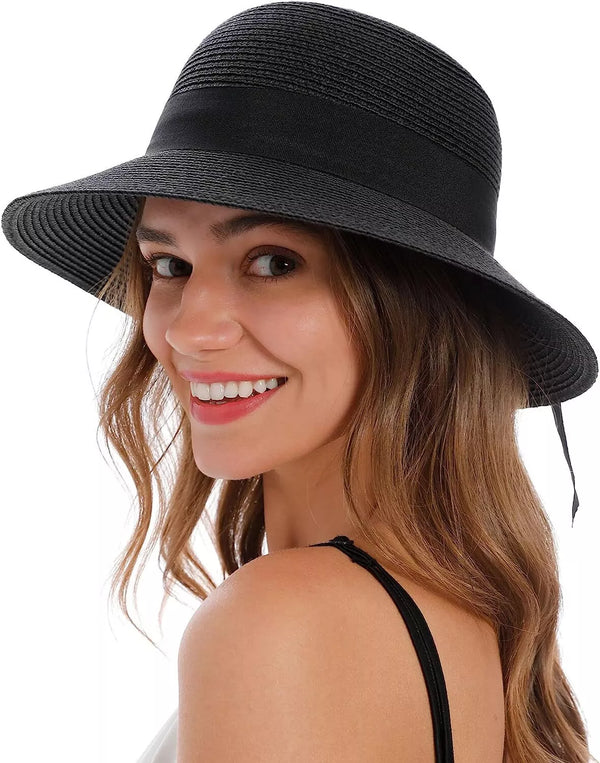 JASMINE WOMENS FOLDABLE WIDE BRIM LIGHTWEIGHT UPF 50+ STRAW BEACH HAT - BLACK - Like New
