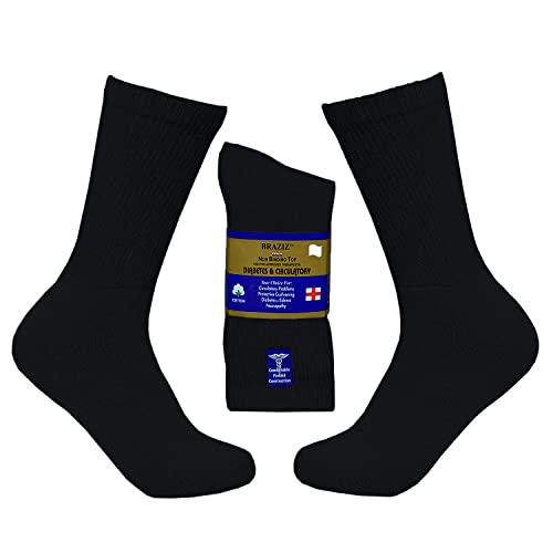 BRAZIZ 12 PAIRS NON-BINDING CUSHION COTTON DIABETIC CREW SOCKS WOMEN’S - BLACK - Brand New