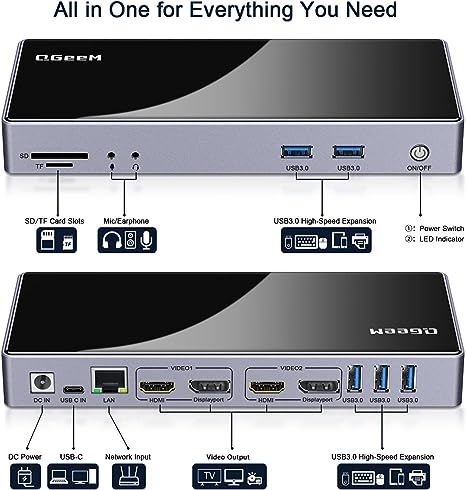 QGeeM USB 3.0 Docking Station,Single 5K/Dual HDMI DispalyPort - Scratch & Dent