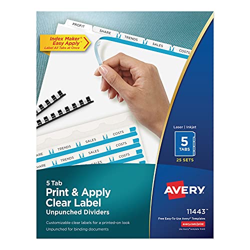 AVERY PRINT & APPLY CLEAR LABEL UNPUNCHED DIVIDERS 5-TAB 25 SETS - 11443 - MULTI - Like New