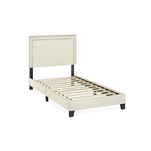 FURINNO Laval Double Row Nail Head 12PC Slat Style Bed Frame, Twin, Linen - Like New