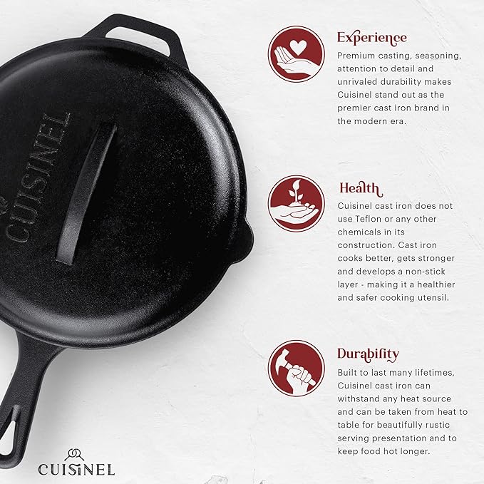 CUISINEL Cast Iron Skillet Set with Lids 10"+12" Frying Pan Set - Black Like New