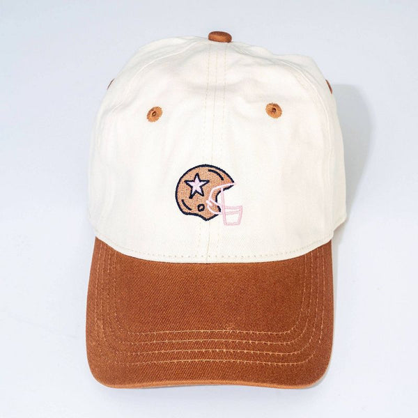 FRASIER STERLING FOOTBALL HELMET HAT COTTON ADJUSTABLE BASEBALL HAT, CREAM/BROWN - Like New