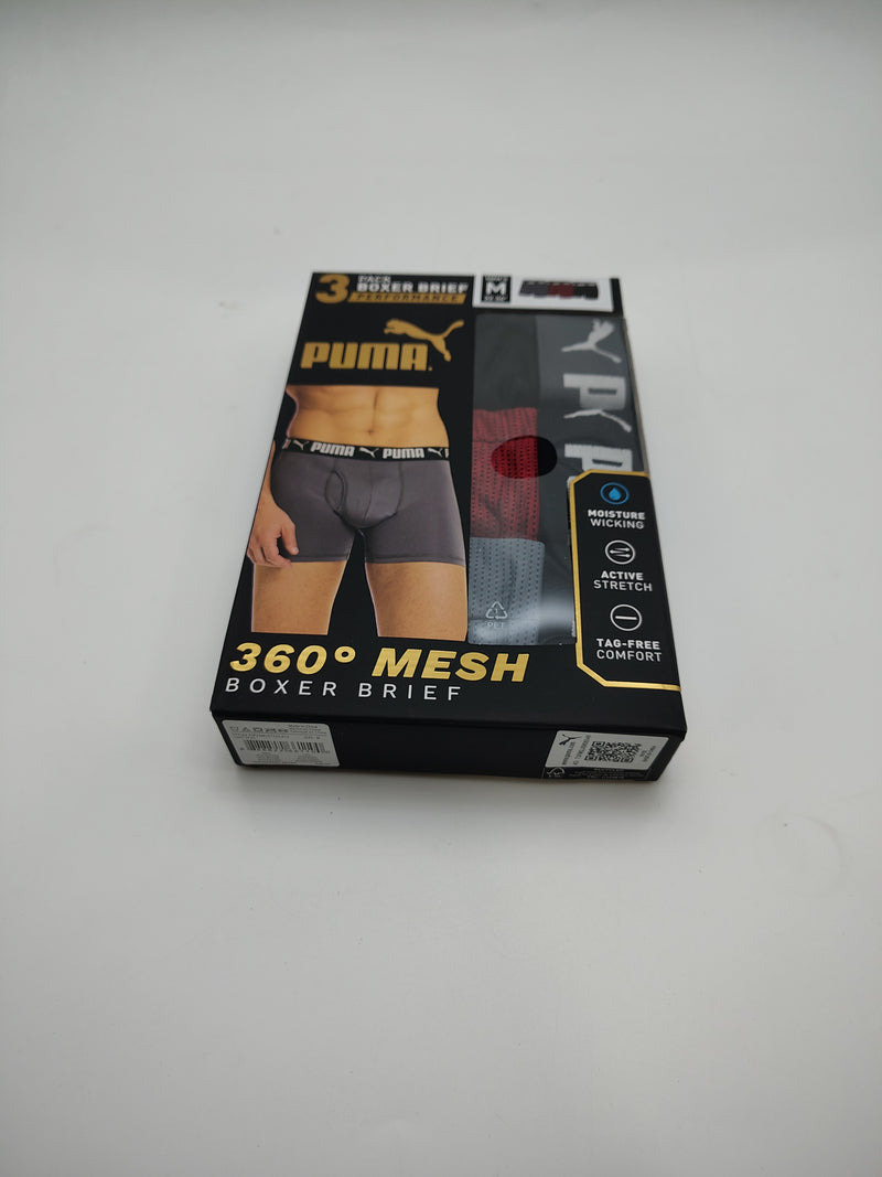PUMA 3 PACK BOXER BRIEF PERFORMANCE 360 MESH DRYCELL - SIZE: M - RED/BLACK/GRAY - Brand New
