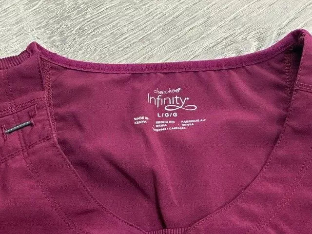 INFINITY CHEROKEE ROUND NECK NURSE SCRUB TOPS FOR WOMEN WITH 3 POCKETS L - WINE - Like New