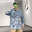 N&D Men's Oversized Cat Sweaters Crewneck Long Sleeve Cotton Cute Blue M - Like New