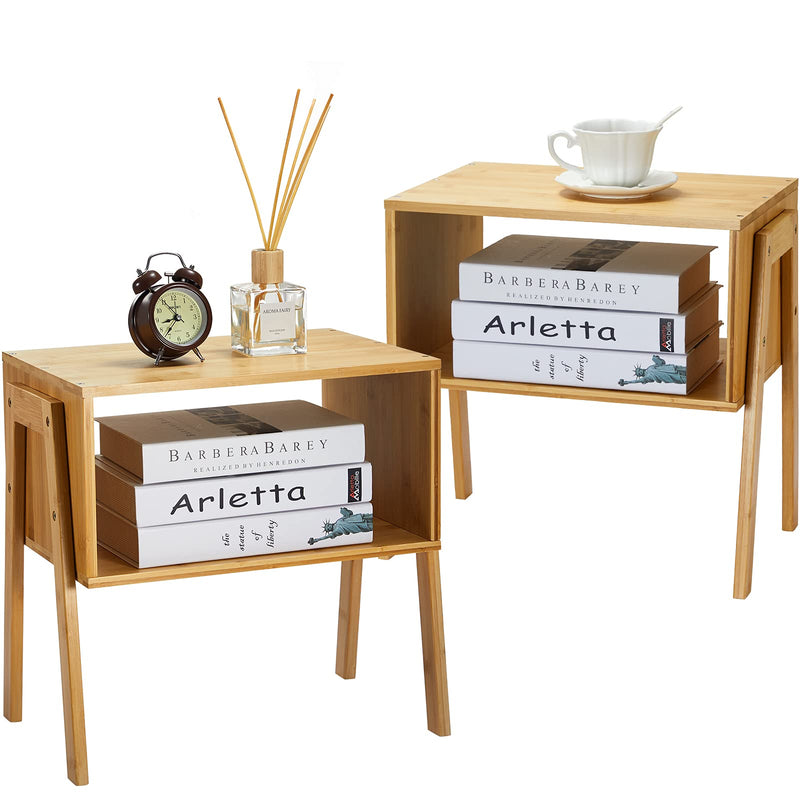 PIPISHELL BAMBOO STACKABLE END TABLES WOOD NIGHTSTAND SET OF 2 - NATURAL - Like New