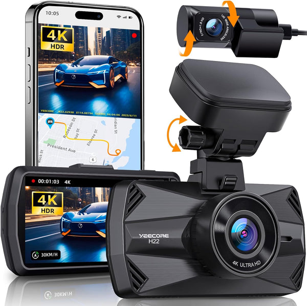 YEECORE Dual Dash Cam, 4K+1080P, WiFi GPS, 3", Night Vision, - Scratch & Dent