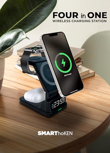SMARTHOKEN WIRELESS CHARGING STATION DIGITAL CLOCK 4 IN 1 CHARGING STAND BLACK - Like New
