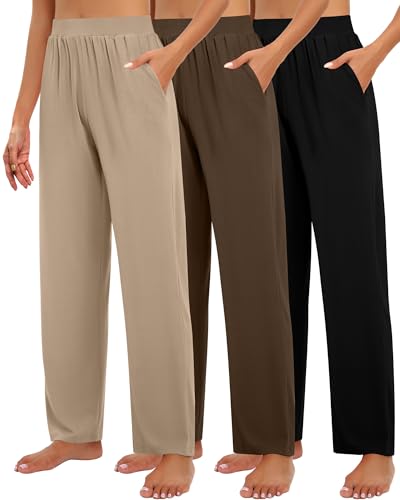 HUUKEAY 3 WOMEN'S LOUNGE PANTS, WIDE LEG, 3 Pack, Black, Brown, Khaki, XL - Brand New