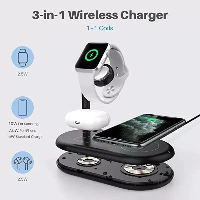 YOOTECH 3 IN 1 WIRELESS APPLE CHARGING STATION PHONE, PODS, WATCH STAND - BLACK - Like New