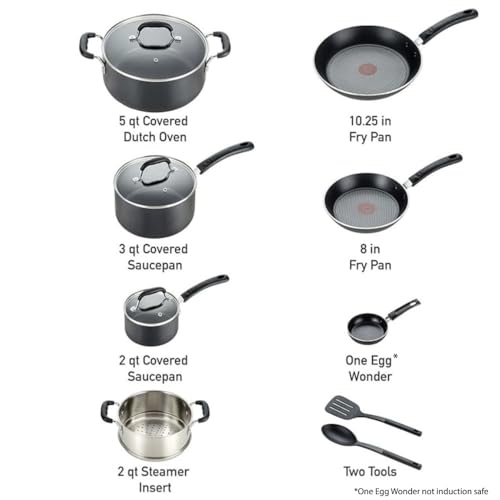 T-FAL EXPERIENCE NONSTICK COOKWARE SET 12 PIECE, INDUCTION, BLACK - BLACK - Like New