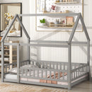 GUBAIAO FULL SIZE PINE WOODEN FLOOR BED WITH HOUSE ROOF FRAME AND FENCE - GREY - Like New