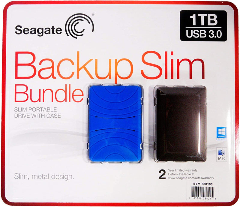 Seagate Backup Plus Slim Portable Bundle 1TB Black Drive and Blue Case Like New