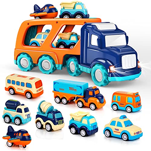 FORTY4 9 PACK CARS TOYS BIG TRANSPORT TRUCK CARRIER TRUCK SOUND LIGHT - BLUE - Like New