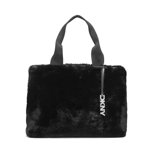 DKNY RONI FUR TOTE BAG WITH LOGO CHARM - BLACK/SILVER - Brand New