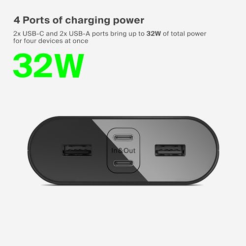 Belkin Portable Charger, 4-Port Power Bank 26,000mAh w/USB-C & USB-A Ports Black - Like New
