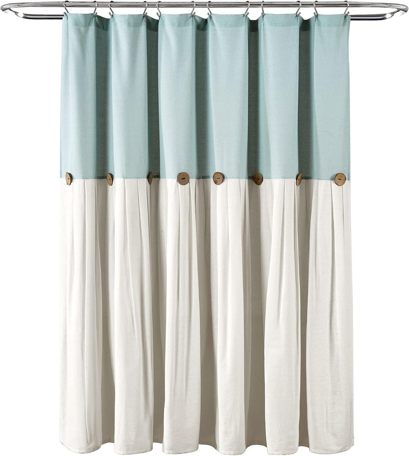 LUSH DECOR SHOWER CURTAIN, COCONUT BUTTON DETAIL (72” X 72”) - BLUE/OFF WHITE - Brand New