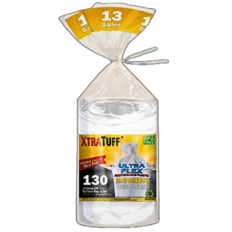 XTRA TUFF 13 GALLON TRASH BAGS, TALL KITCHEN GARBAGE BAGS, 130 COUNT - WHITE - Brand New