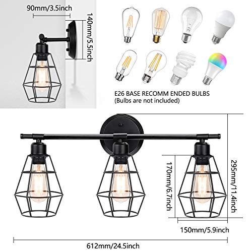 SHINE HAI 3-LIGHT INDUSTRIAL BATHROOM VANITY LIGHTS W200004P3 - BLACK - Like New