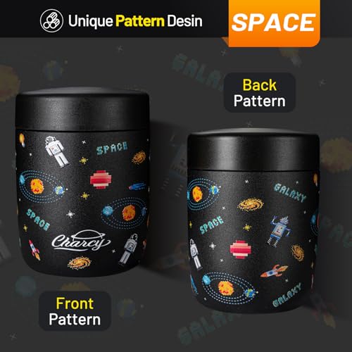 CHARCY 9OZ STAINLESS VACUUM FOOD JAR SOUP THERMO - GRAY ASTRONAUT - BLACK PIXELS - Like New
