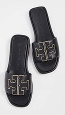 TORY BURCH WOMEN'S DOUBLE T SPORT SLIDES - BLACK/GOLD - SIZE 7 - Like New