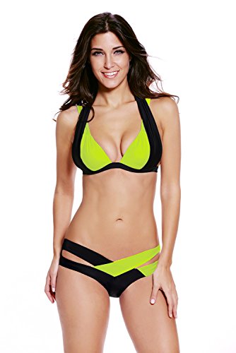 6 Colors Block Design Push up Hollow out Bikini Swimwear, Size L, Black/Yellow - Like New