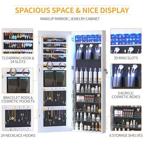 LVSOMT LED Mirror Jewelry Cabinet, Wall/Door Mount Jewelry Armoire/Organizer - Like New