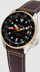 SEIKO MEN'S SEIKO 5 SPORTS BLACK DIAL GMT LEATHER BAND WATCH - SSK036 - Brand New