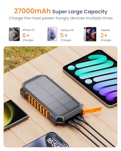 HILUCKEY POWER BANK SOLAR CHARGER 27000MAH BUILT IN 3 CABLES T11X - BLACK/ORANGE - Like New